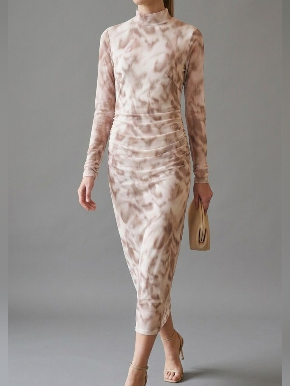 EXPRESS Mesh Mock Neck Ruched Midi Dress Beige Gray Tie Dye Abstract XS - NWOT